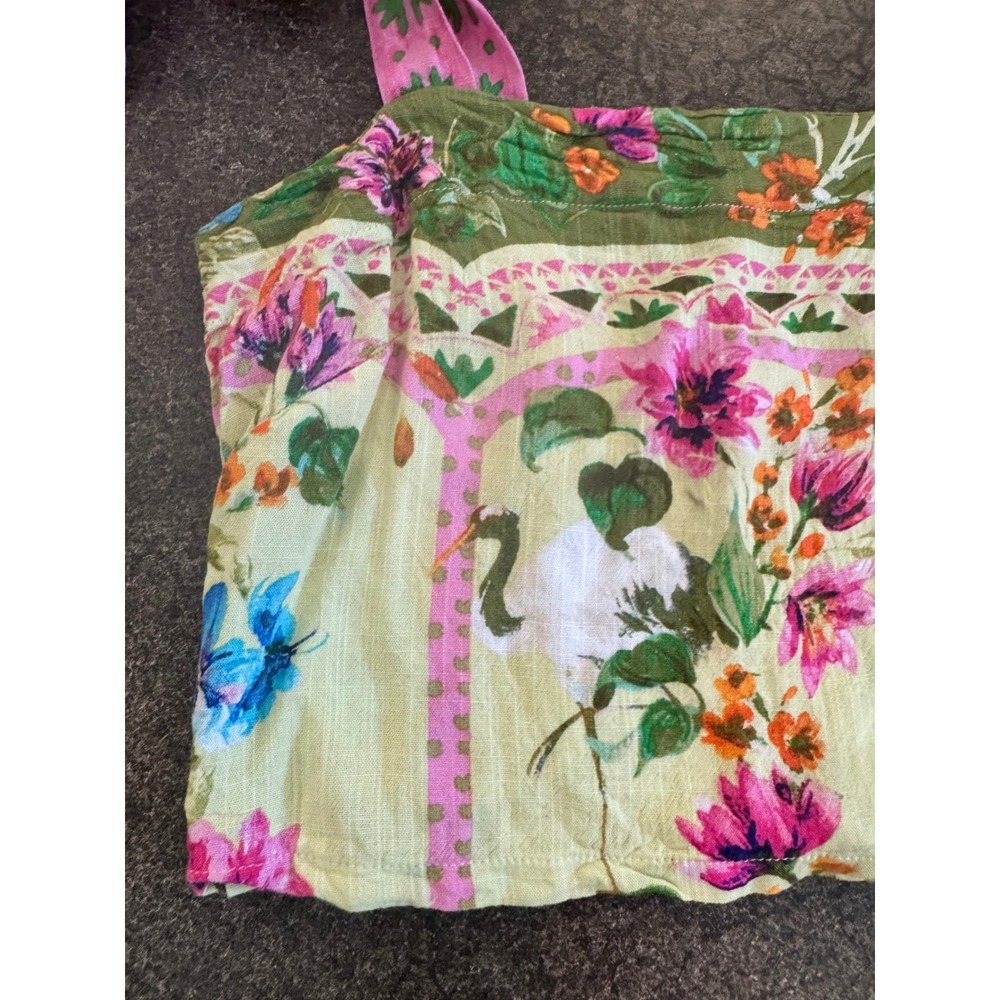 Rose + Olive Resort Floral Crane Print Crop Top Tie Shoulder Smocked Back Small - Picture 3 of 7
